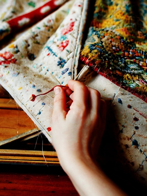 Mâini care coase un motiv tradițional